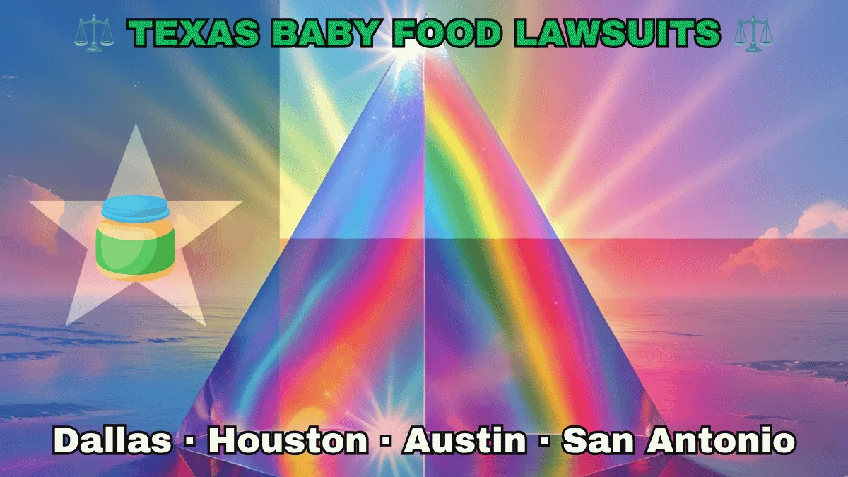 TEXAS BABY FOOD LAWSUITS: Dallas, Houston, Austin, and San Antonio text on TX state flag adorned with Gerber/Beech-Nut jars on the Autism spectrum depicted on a Lone Star near blue, red and white color blocks.