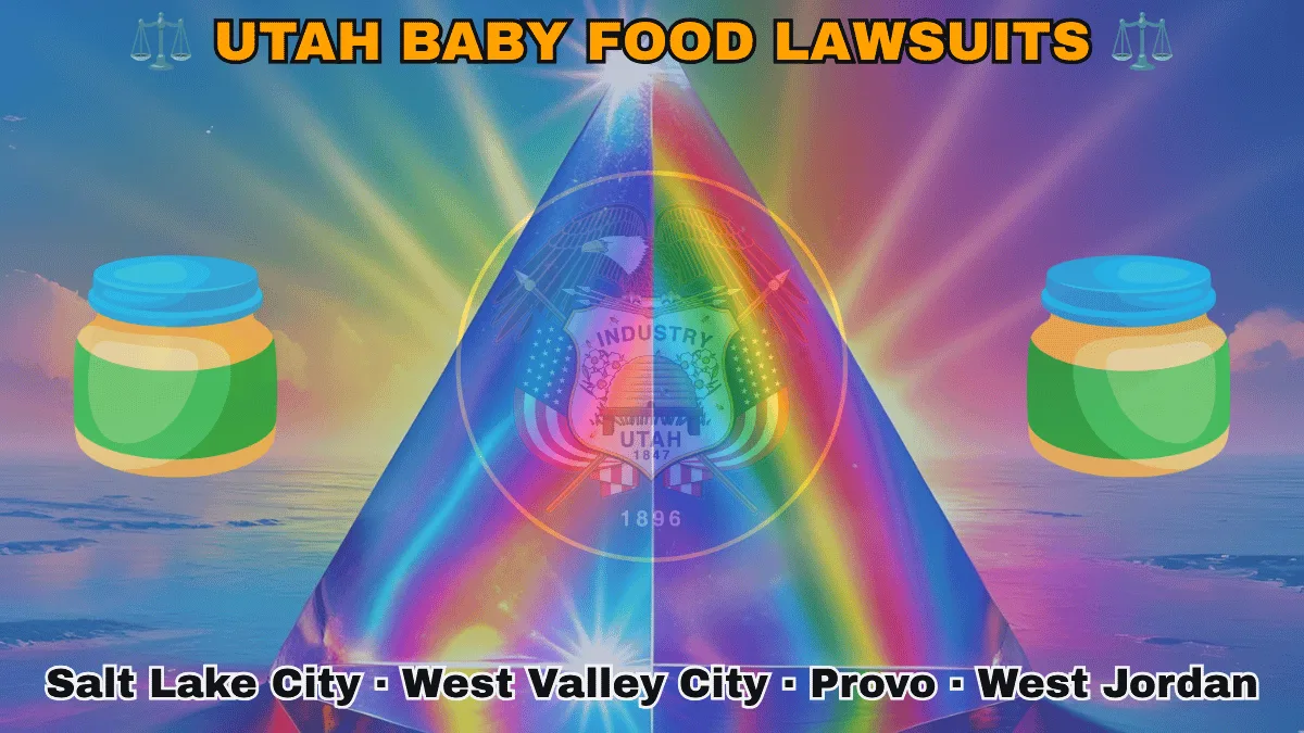 UTAH BABY FOOD LAWSUITS: Salt Lake City, West Valley City, Provo, and West Jordan text on UT state flag adorned with Gerber/Beech-Nut jars on the Autism spectrum depicted on a blue field near a beehive, bald eagle, motto and date