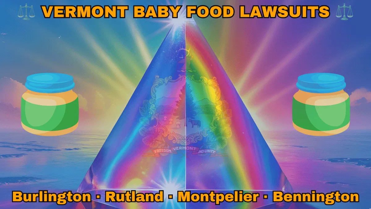 VERMONT BABY FOOD LAWSUITS: Burlington, Rutland, Montpelier, and Bennington text on VT state flag adorned with Gerber/Beech-Nut jars on the Autism spectrum depicted on a blue field near the official coat of arms featuring a pine tree and cow