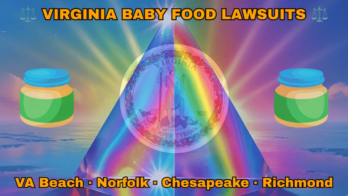 VIRGINIA BABY FOOD LAWSUITS: VA Beach, Norfolk, Chesapeake, and Richmond text on VA state flag adorned with Gerber/Beech-Nut jars on the Autism spectrum depicted near Virtus defeating Tyranny with a spear and sword.