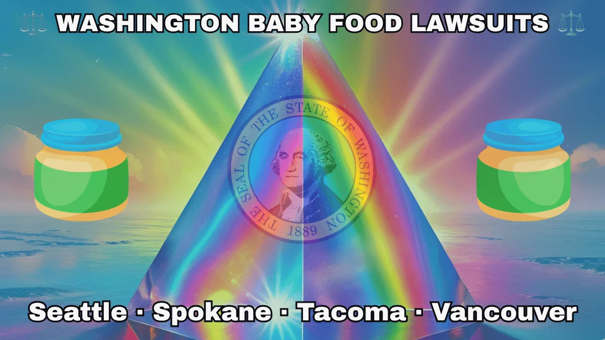 WASHINGTON BABY FOOD LAWSUITS: Seattle, Spokane, Tacoma, and Vancouver text on WA state flag adorned with Gerber/Beech-Nut jars on the Autism spectrum depicted on a green background near the official SEAL featuring George Washington.