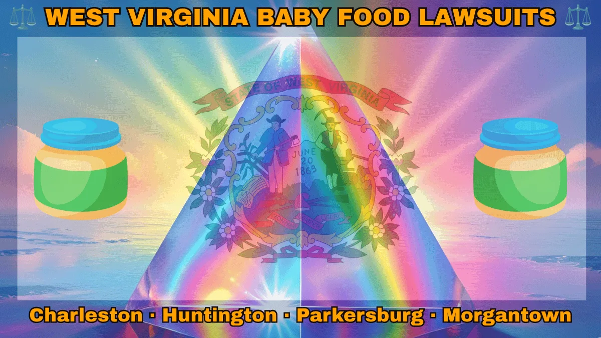 WEST VIRGINIA BABY FOOD LAWSUITS: Charleston, Huntington, Parkersburg, and Morgantown text on WV state flag adorned with Gerber/Beech-Nut jars on the Autism spectrum depicted on a white field with blue border near the official seal encircled by rhododendrons