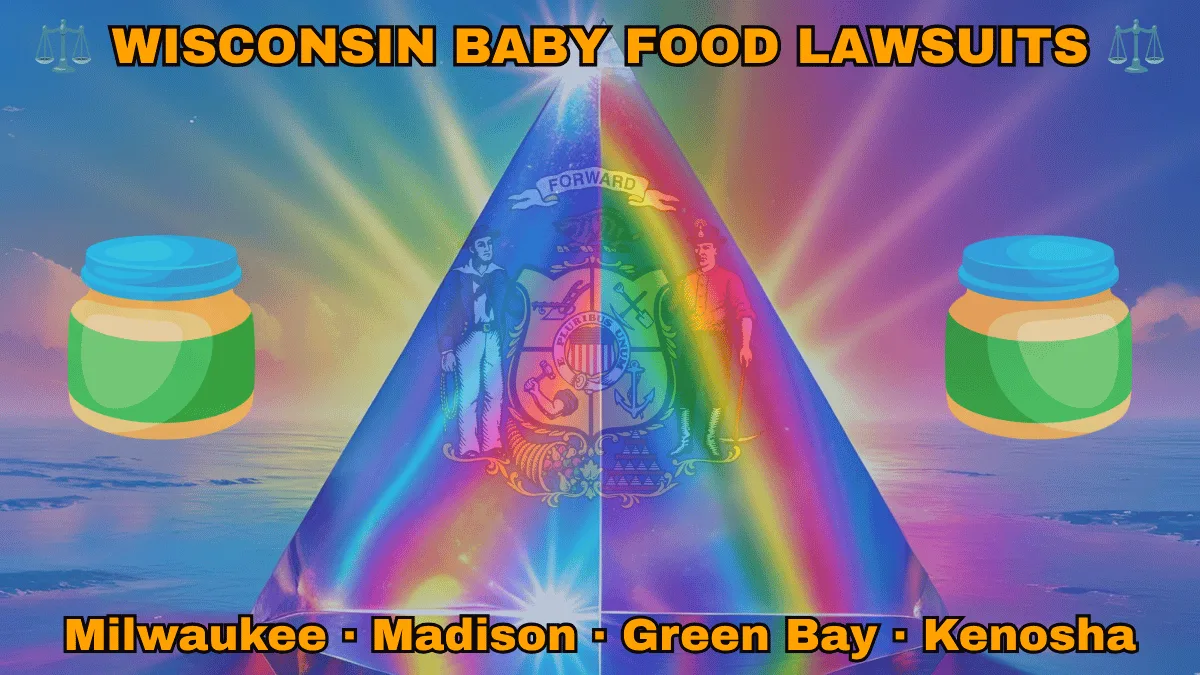 WISCONSIN BABY FOOD LAWSUITS: Milwaukee, Madison, Green Bay, and Kenosha text on WI state flag adorned with Gerber/Beech-Nut jars on the Autism spectrum depicted near a sailor and miner flanking a shield featuring agriculture, mining, manufacturing, and navigation, a badger above, and a cornucopia and lead ingot.