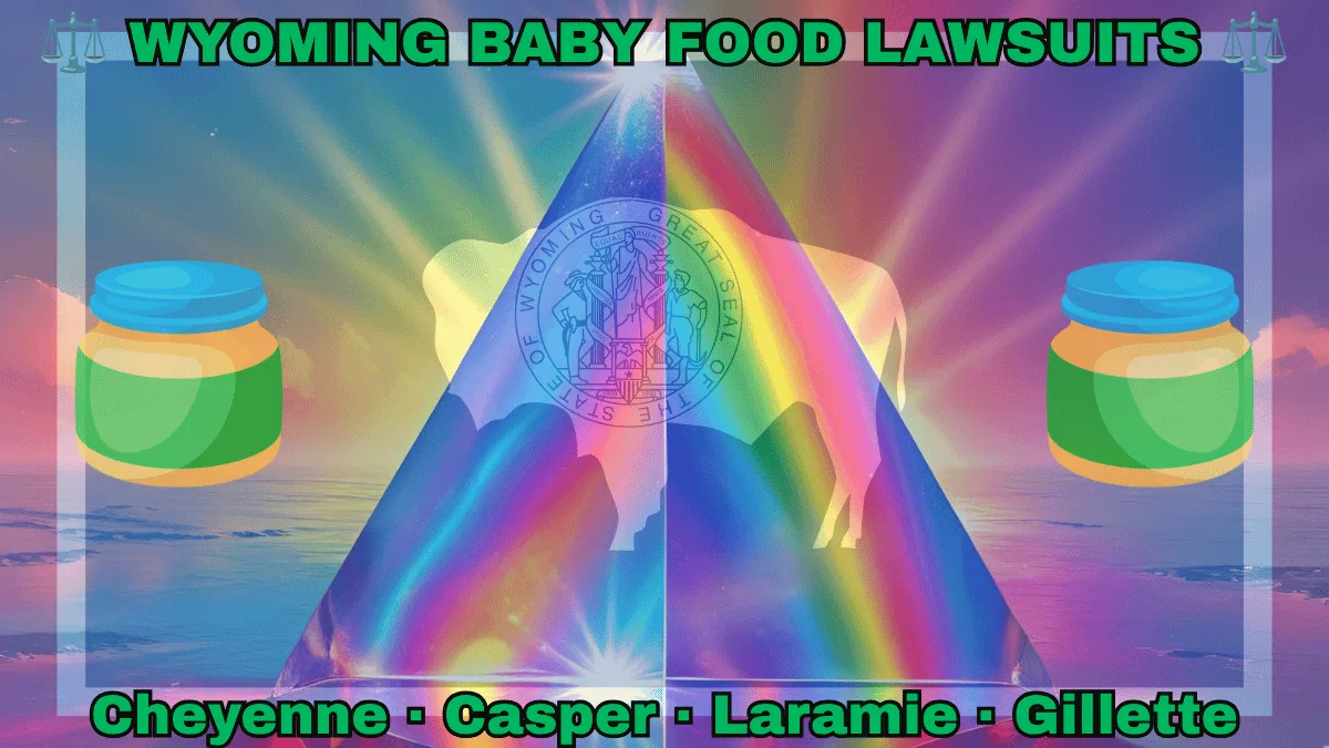 WYOMING BABY FOOD LAWSUITS: Cheyenne, Casper, Laramie, and Gillette text on WY state flag adorned with Gerber/Beech-Nut jars on the Autism spectrum depicted on a blue field bordered in white and red near a white bison bearing the official seal.